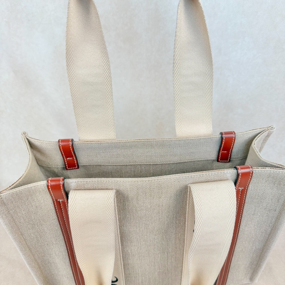 Chloé Woody Medium Tote Beige Linen Canvas Logo Strap Brown Leather Trim - Picture 16 of 17